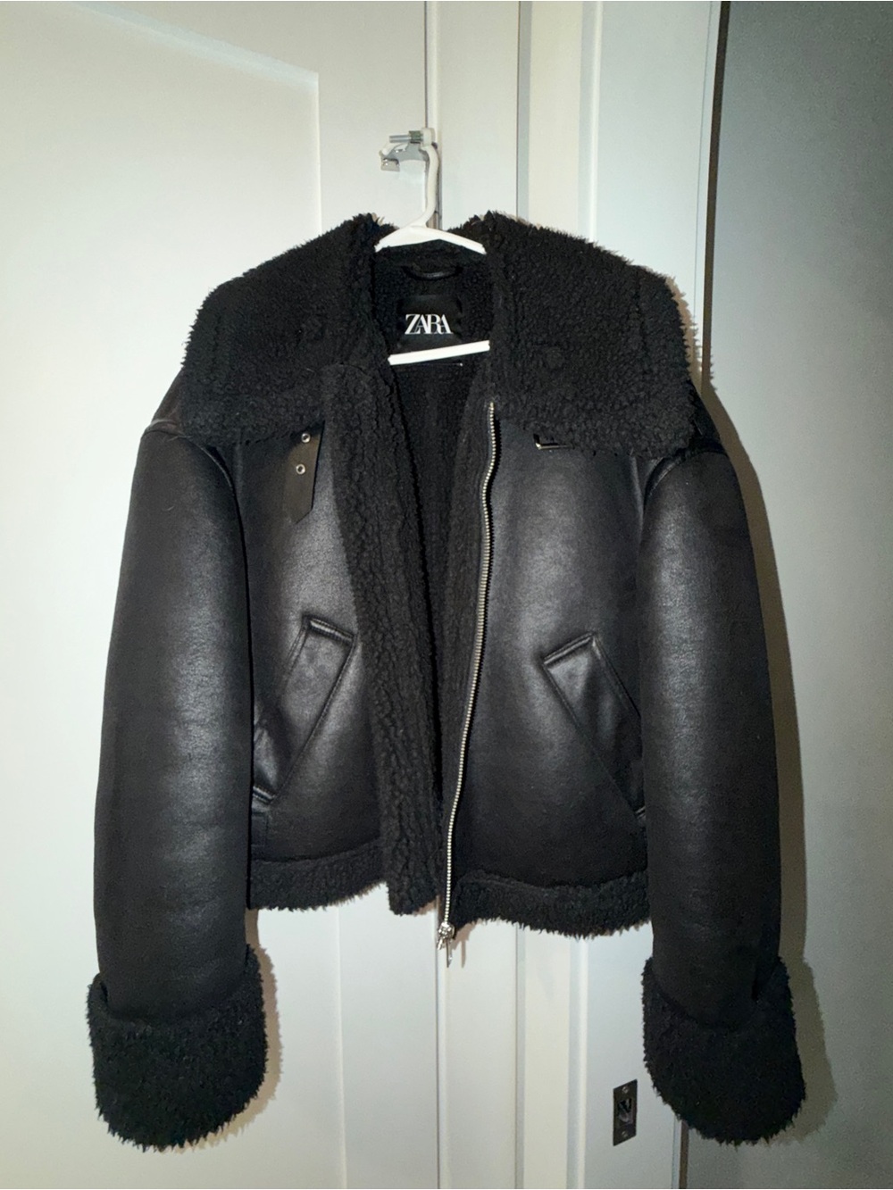 Zara Black Faux Shearling Biker Jacket with Belt